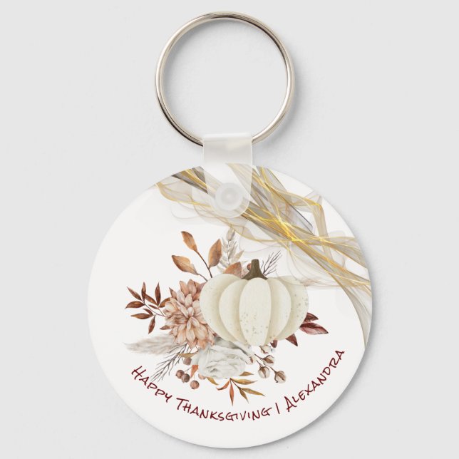 Happy Thanksgiving Watercolor Pumpkin Golden Ribon Keychain (Front)
