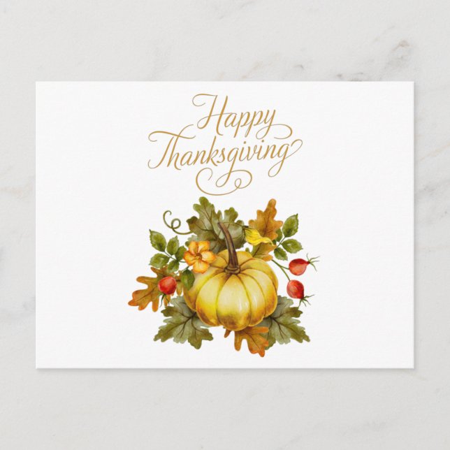 Happy Thanksgiving Watercolor Pumpkin, Rose Hips Postcard (Front)