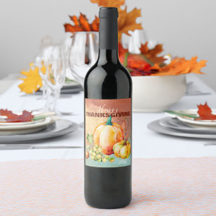 Happy Thanksgiving Watercolor Pumpkin Wine Label