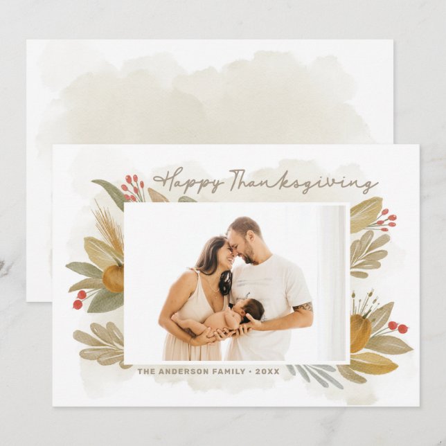 Happy Thanksgiving. Watercolor rustic botanical Invitation (Front/Back)