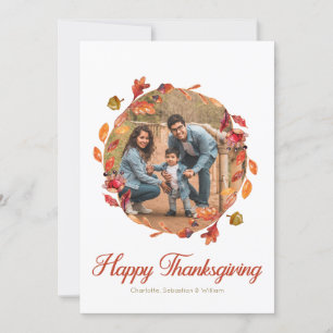 Happy Thanksgiving Watercolor Wreath Photo Holiday Card
