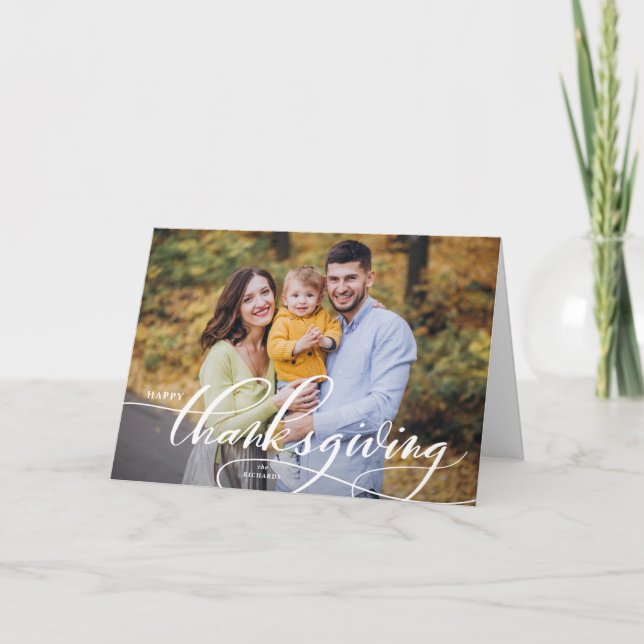 Happy Thanksgiving Whimsical Calligraphy Photo Holiday Card (Front)