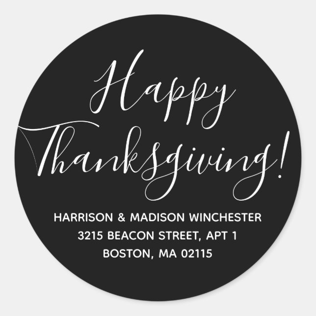 Happy Thanksgiving white black return address Classic Round Sticker (Front)