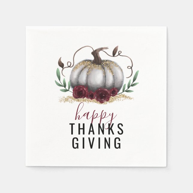 Happy Thanksgiving White Gold Pumpkin Napkin (Front)