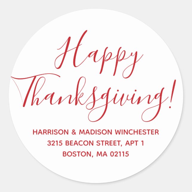 Happy Thanksgiving white red return address Classic Round Sticker (Front)