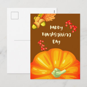 Happy Thanksgiving with Cute Pumpkin and Pine  Hol Holiday Postcard
