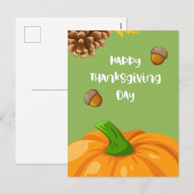 Happy Thanksgiving with Cute Pumpkin and Pine Holiday Postcard (Front/Back)