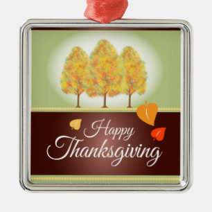 Happy Thanksgiving with Fall Trees Metal Ornament