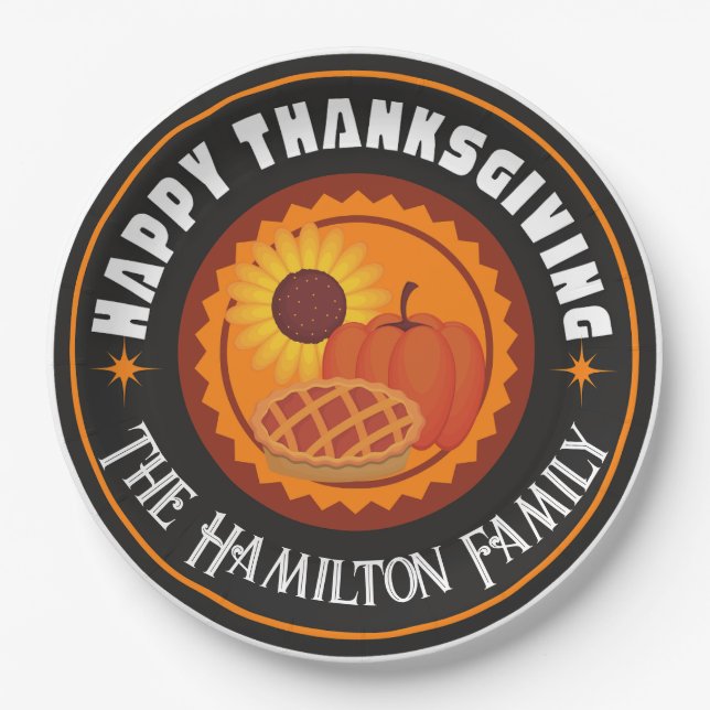 Happy Thanksgiving with family name (editable) Paper Plate (Front)