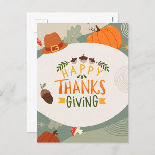 Happy Thanksgiving with Hat, Pumpkin and Pine Holiday Postcard
