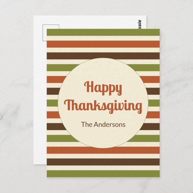 Happy Thanksgiving with Name Autumn Colours Stripe Postcard (Front/Back)