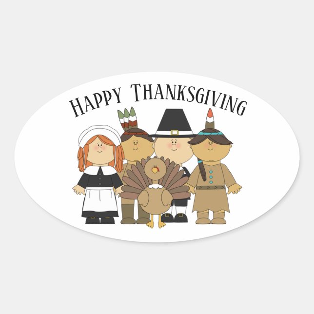 Happy Thanksgiving with Pilgrims and Indians Oval Sticker (Front)