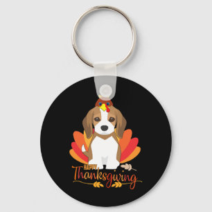 Happy Thanksgiving With Turkey Beagle Dog Cute Pup Keychain