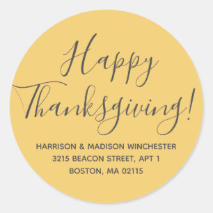 Happy Thanksgiving yellow script return address Classic Round Sticker