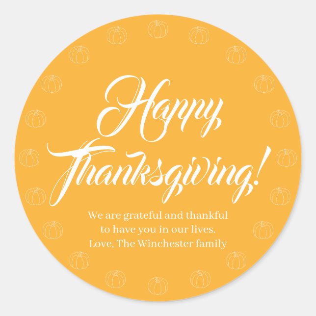 Happy Thanksgiving yellow script text cute pumpkin Classic Round Sticker (Front)