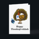 Happy Thanksgivukkah Jewish Turkey Greeting Card<br><div class="desc">Once in a lifetime comes from Thanksgivukkah! That's because for the first time since 1888 Hanukkah and Thanksgiving are at the same time. So, the blending of the word "Thanksgiving Hanukkah" now is "ThanksWarukkah"! To celebrate this, I designed the fun Jewish Turkey who is playing with a dreidel and wears...</div>