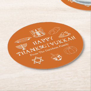 Happy Thanksgivukkah orange Thanksgiving Hanukkah Round Paper Coaster