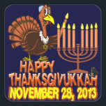 Happy Thanksgivukkah Thankgiving Hanukkah 2013 Square Sticker<br><div class="desc">It's the very funny 'Happy Thanksgivukkah' stickers. That's right... this year, for the only time in our lives, Hanukkah falls on Thanksgiving! This classic sticker commemorates this extremely rare occurrence with a funny cartoon turkey wearing a yamaka, and lighting the Menorah. A festive orange yellow and brown fall design includes...</div>