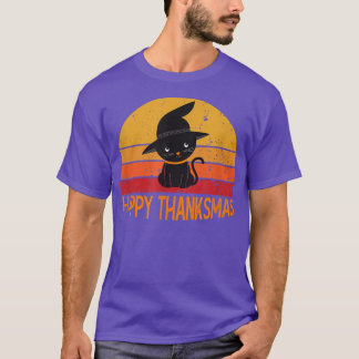 Happy Thanksmas Cat Lovers Black Cat Thanksgiving T-Shirt