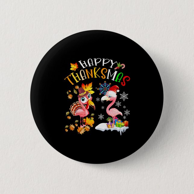 Happy Thanksmas Flamingo Couple Thanksgiving Chris 2 Inch Round Button (Front)