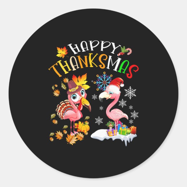 Happy Thanksmas Flamingo Couple Thanksgiving Chris Classic Round Sticker (Front)