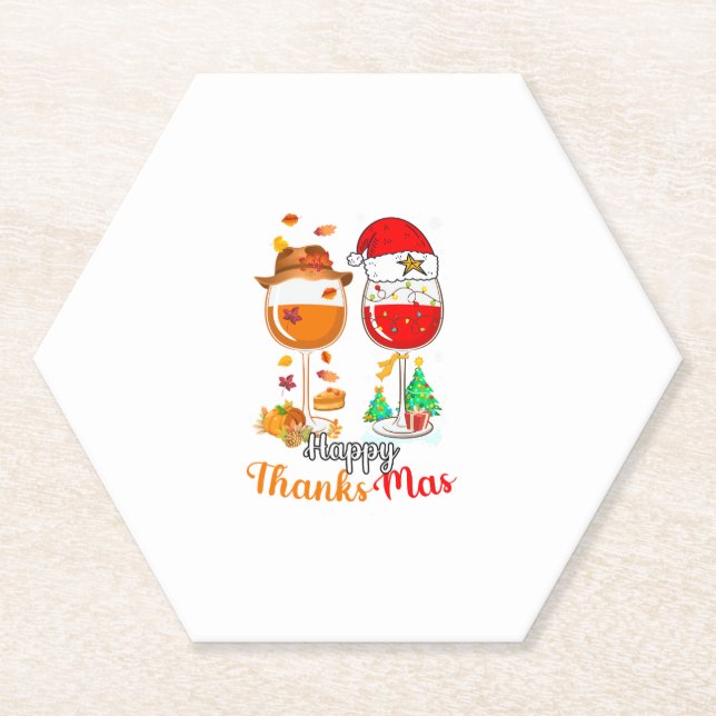 Happy Thanksmas Wine Thanksgiving Christmas Long S Paper Coaster (Front)