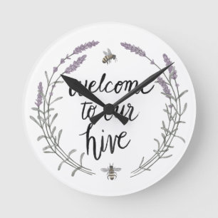 Happy to Bee Home Words II   Welcome to Our Hive Round Clock