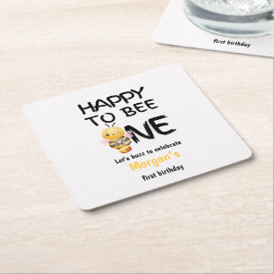 Happy To Bee One Honey Yellow Girls 1st Birthday Square Paper Coaster