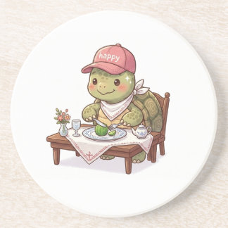 happy Tortoise eating cartoon coaster