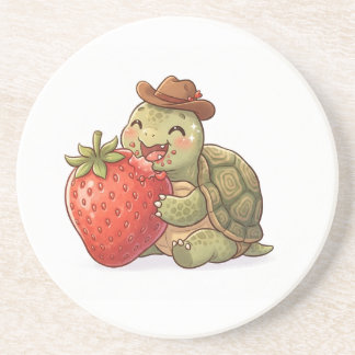 happy tortoise is eating a strawberry coaster
