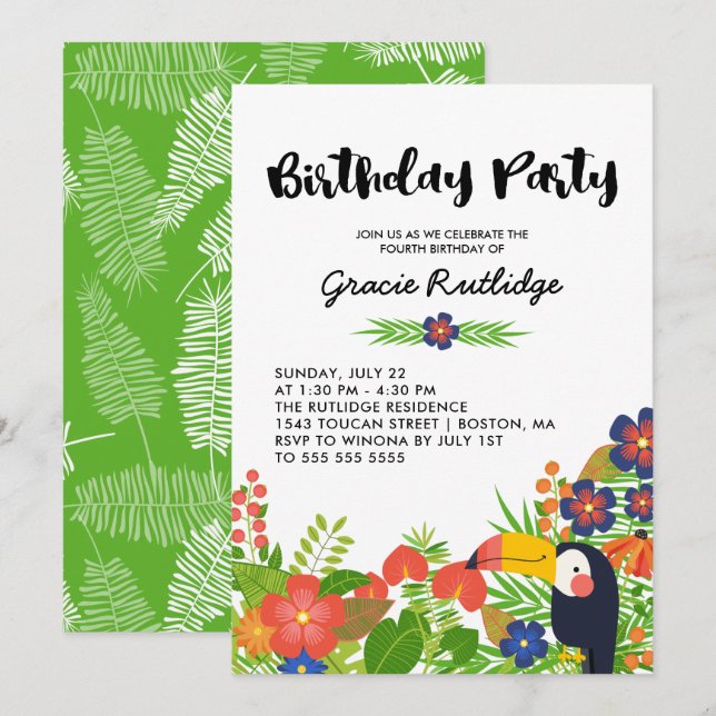 Happy Toucan Tropical Kids Birthday Party Invitation (Front/Back)