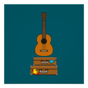 Happy Travel with Luggage and Guitar  Poster