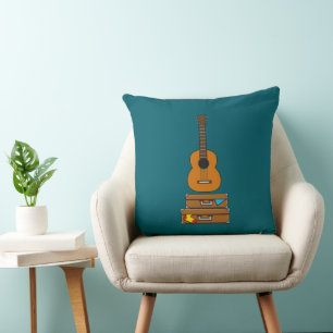 Happy Travel with Luggage and Guitar Throw Pillow