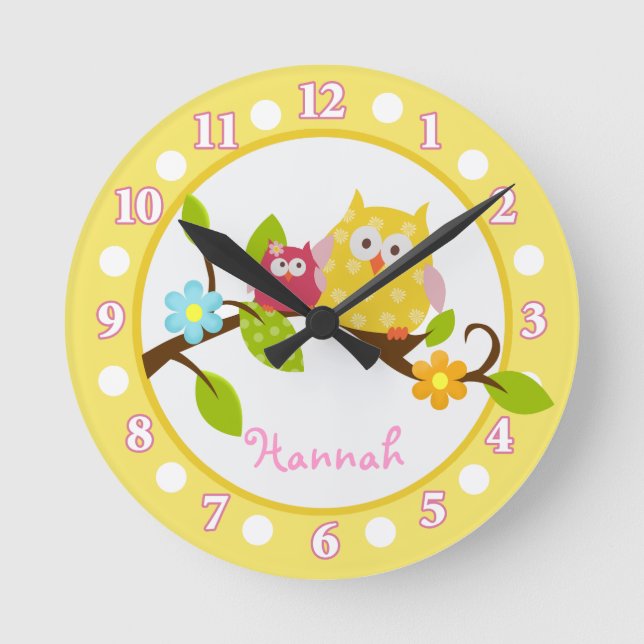 Happy Tree Owls Yellow and Pink Nursery clock (Front)