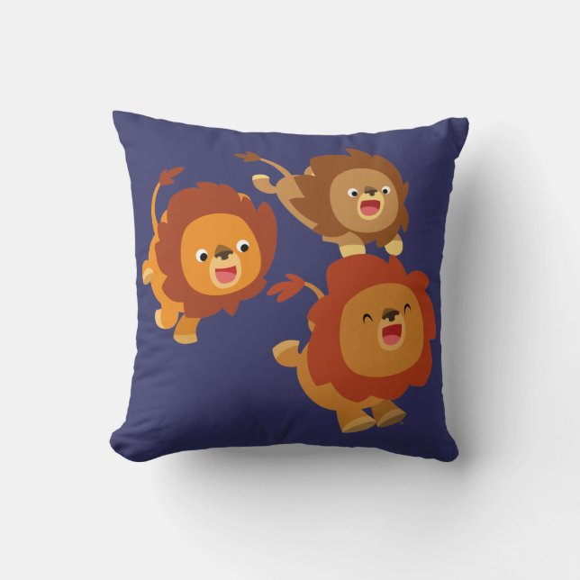 Happy Trio of Cute Cartoon Lions Pillow (Front)