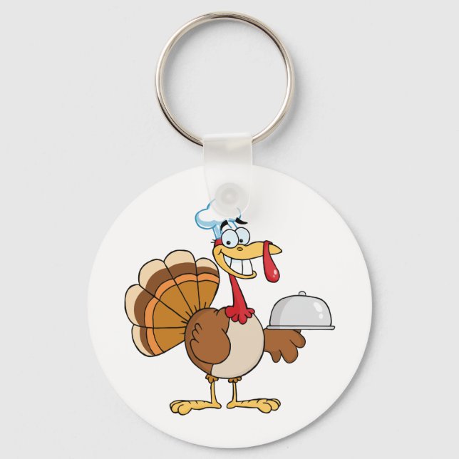 Happy Turkey Chef Serving A Platter Keychain (Front)