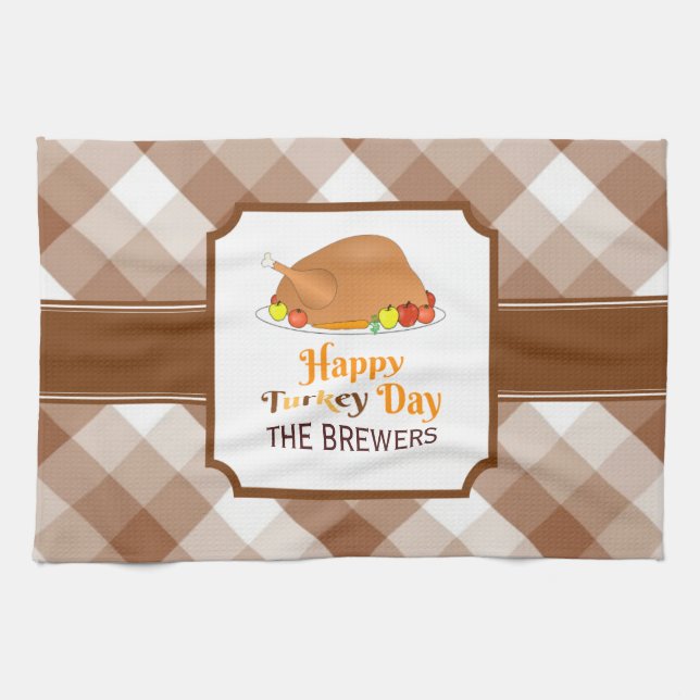 Happy Turkey Day Brown Chequered Kitchen Towels (Horizontal)