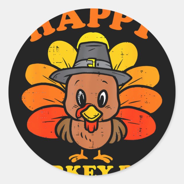 Happy Turkey Day Cute Little Pilgrim Thanksgiving Classic Round Sticker (Front)