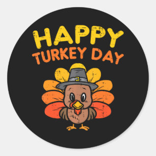 Happy Turkey Day Cute Thanksgiving Pilgrim Boys Classic Round Sticker