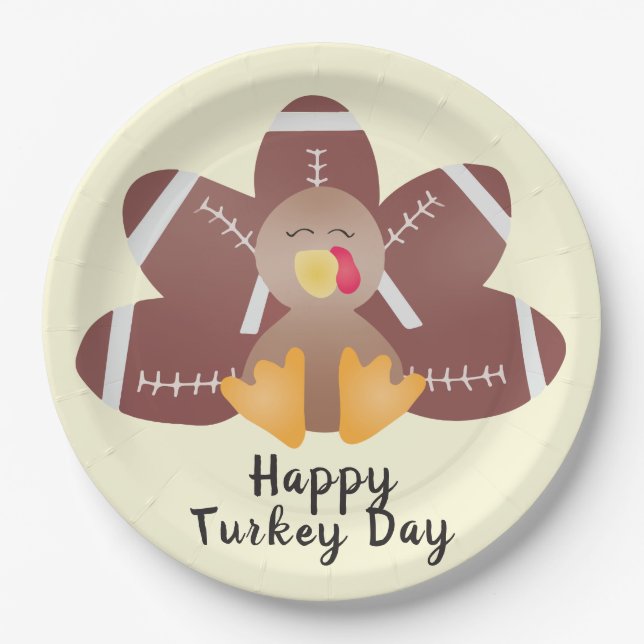 Happy Turkey Day Football Feathers Paper Plate (Front)