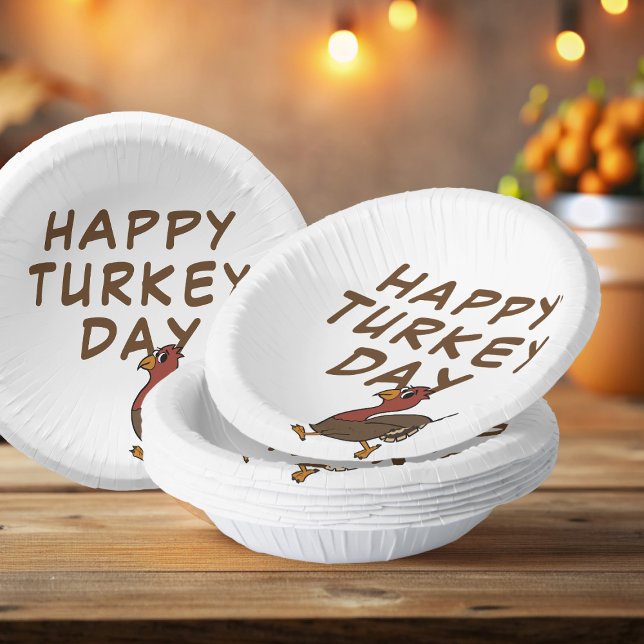 Happy Turkey Day Funny Thanksgiving Paper Bowls Plate (Happy Turkey Day! Fun cartoon turkey paper bowls ready to celebrate Thanksgiving with you)