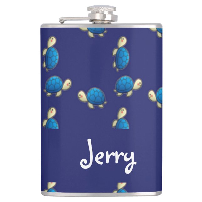 Happy turtles on blue hip flask (Front)