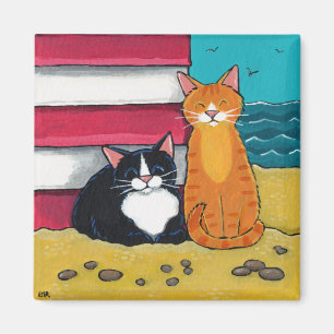Happy Tuxedo and Tabby Cat on the Beach Magnet