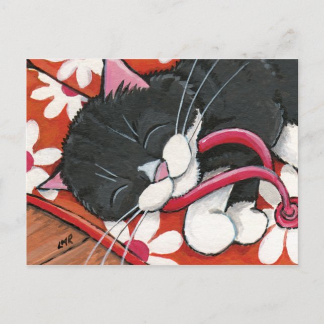 Happy Tuxedo Cat Asleep on a Pair of Flip Flops Postcard (Front)