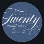 Happy Twenty Twenty Three Blue White Hanukkah Classic Round Sticker<br><div class="desc">These classy Hanukkah holiday round stickers feature the words,  “Happy twenty twenty-three” with placeholders for your favourite photo,  personal greeting,  year and name,  in blue and white.</div>