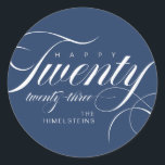 Happy Twenty Twenty Three Blue White Hanukkah Classic Round Sticker<br><div class="desc">These classy Hanukkah holiday round stickers feature the words,  “Happy twenty twenty-three” with placeholders for your favourite photo,  personal greeting,  year and name,  in blue and white.</div>