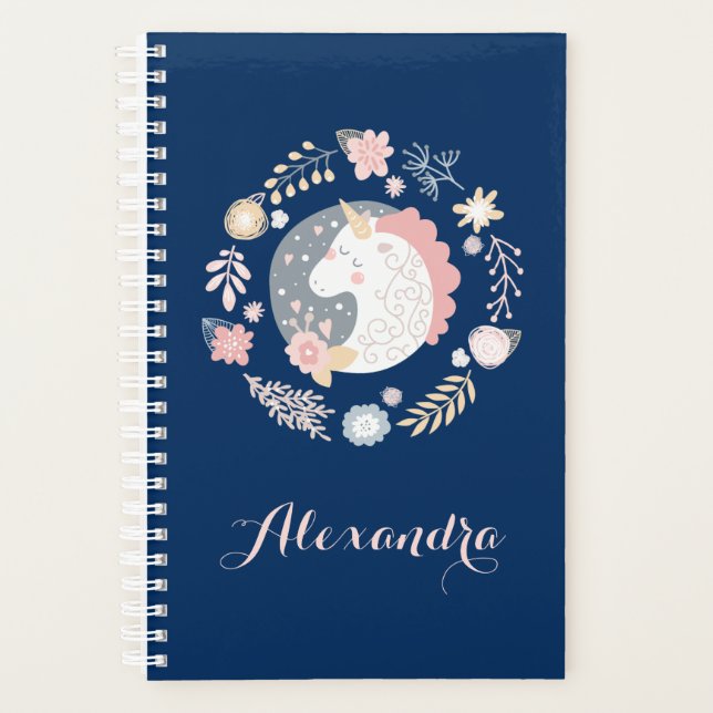 Happy Unicorn Blush & Navy Personalized Planner (Front)