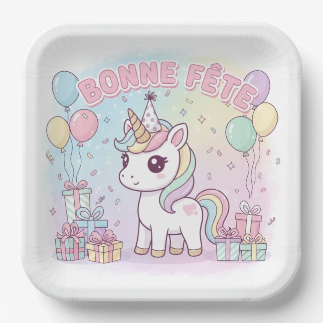 happy unicorn party paper plate (Front)