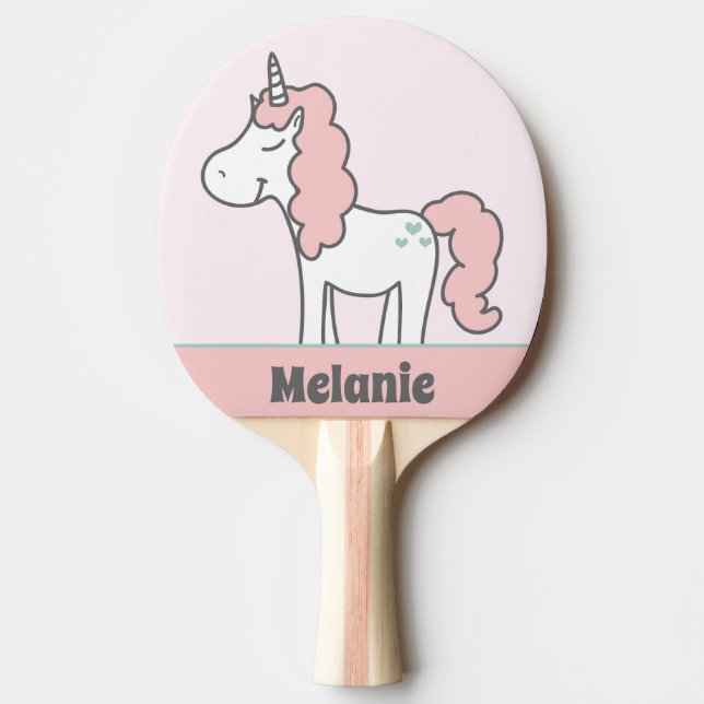 Happy Unicorn with Pink Hair Personalised Girl's Ping Pong Paddle (Front)