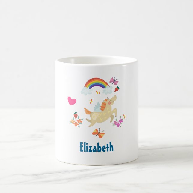Happy Unicorn with Rainbow Clouds and Flowers Coffee Mug (Center)